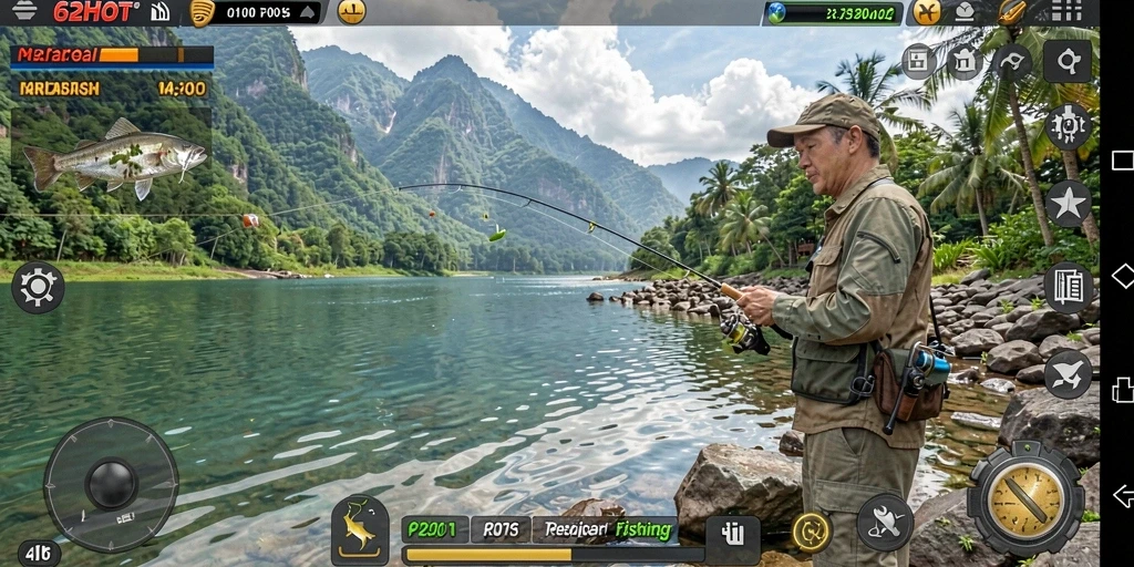 Screenshot gameplay 62HOT menampilkan aksi memancing yang seru.