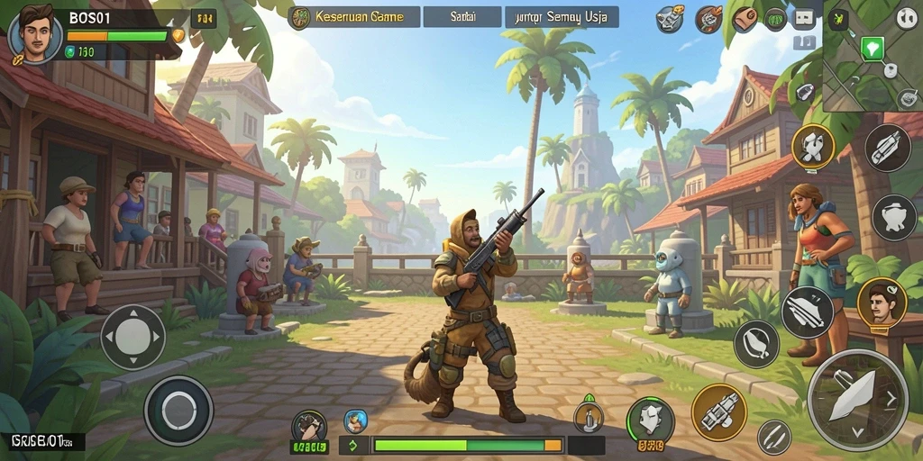 Gameplay BOS01 yang cerah dan penuh warna.