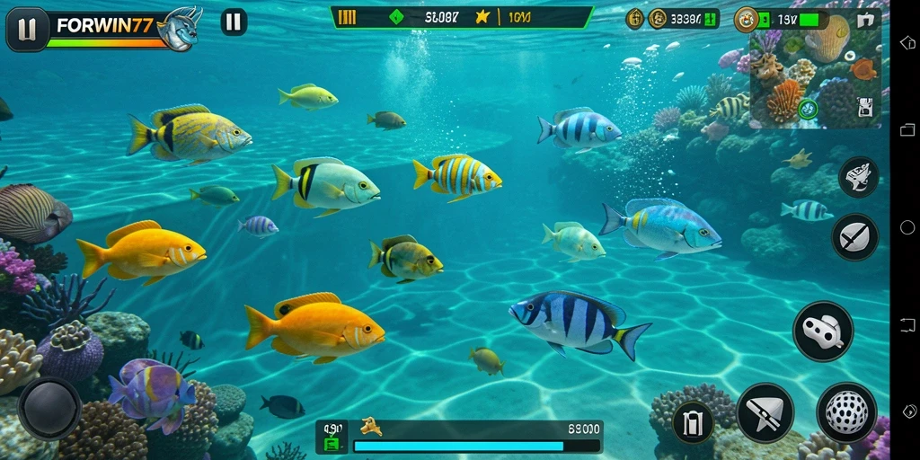 Gameplay seru FORWIN77 dengan ikan berwarna-warni dan senjata menarik.