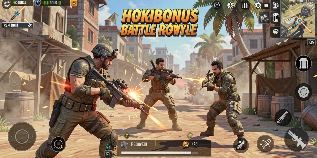 Screenshot intens gameplay HOKIBONUS dalam pertempuran Battle Royale.