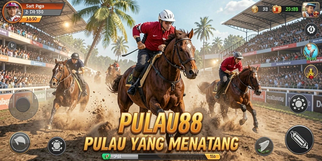 Screenshot utama PULAU88 menampilkan aksi balapan seru di trek yang indah.