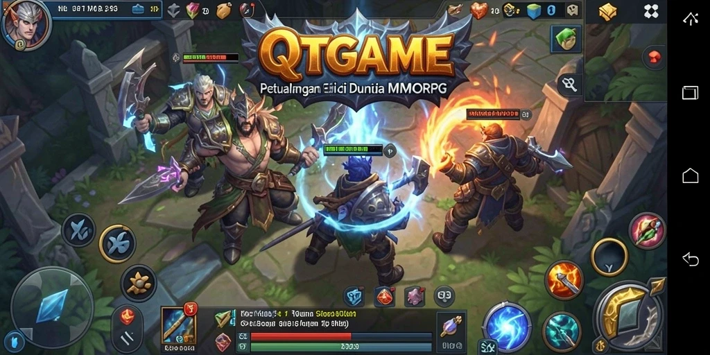 Tangkapan layar menampilkan pertarungan epik di dunia QTGAME dengan grafis menawan.