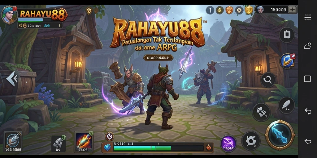 Screenshot utama RAHAYU88 menampilkan aksi pertarungan yang intens di dunia fantasi.