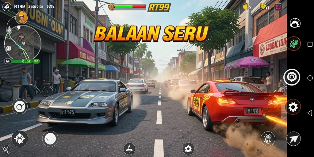 Screenshot gameplay RT99 menampilkan balapan seru di trek yang menantang.