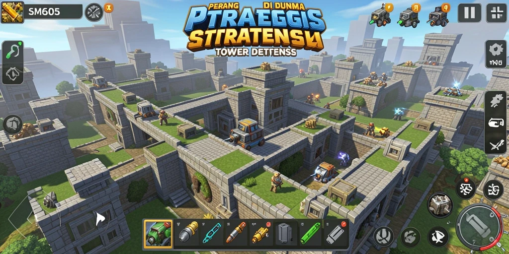 Screenshot gameplay SM605 menampilkan aksi dan strategi Tower Defense yang menarik.