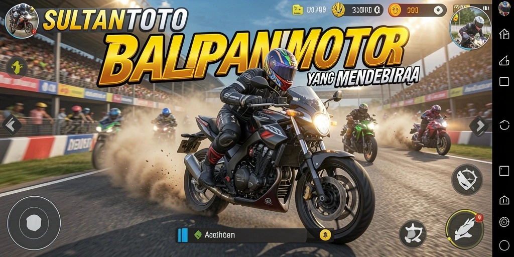 Screenshot utama SULTANTOTO yang menampilkan aksi balapan motor yang seru.
